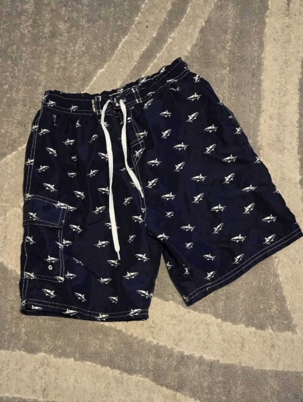 Kid's Navy Blue Shark-Print Boy’s Swim Trunks Sz 7